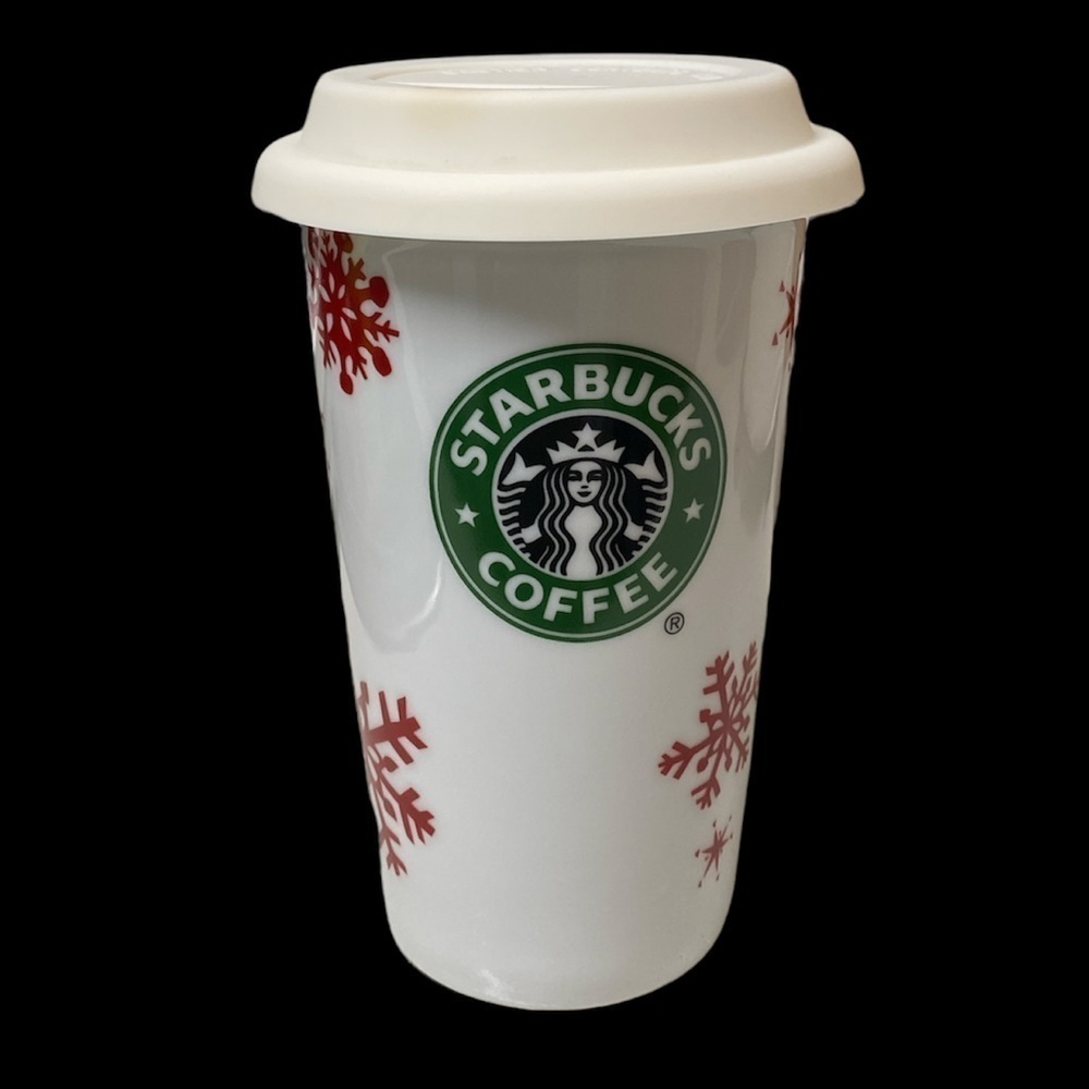 Starbucks 2010 ceramic mug insulated silicone cover lid 10 fl oz snowflake motif